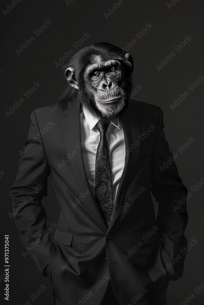 A man in a suit and tie is wearing a monkey face. The image is black and white and has a serious and formal mood A man in a suit and tie is wearing a monkey face. The image is black and white and has a serious and formal mood
