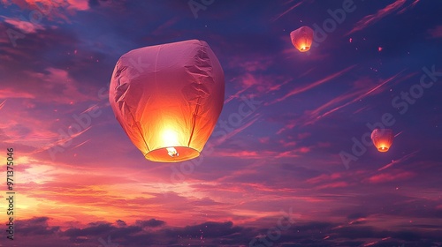 Sky lanterns floating in a colorful sunset sky