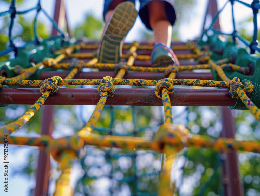 A person is walking on a rope bridge. The bridge is made of yellow and brown ropes. The person is wearing a pair of shoes A person is walking on a rope bridge. The bridge is made of yellow and brown ropes. The person is wearing a pair of shoes