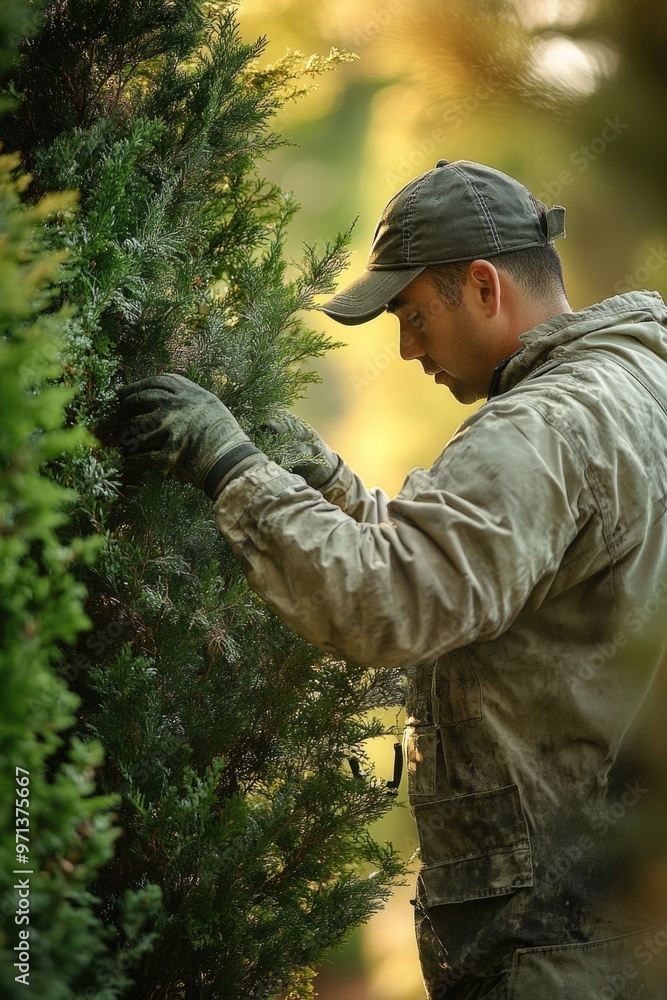 Naklejka premium A man is trimming a bush with a pair of gloves on. He is wearing a hat and a jacket