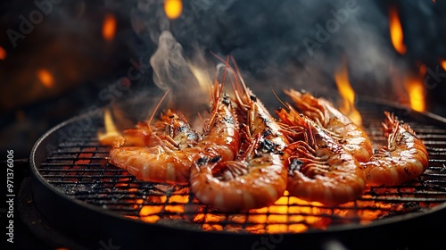 Grilled prawns on an open flame barbecue grill with smoky ambiance photo