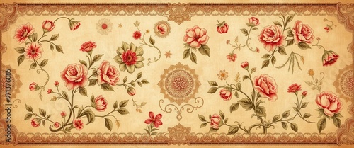Vintage Floral Design with Roses and Ornate Border