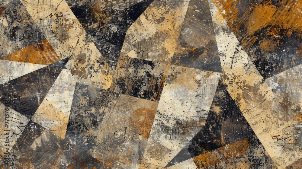 Fototapeta premium A painting with a lot of different shapes and colors. The shapes are all different sizes and angles, and the colors are mostly brown and black. The painting has a lot of texture