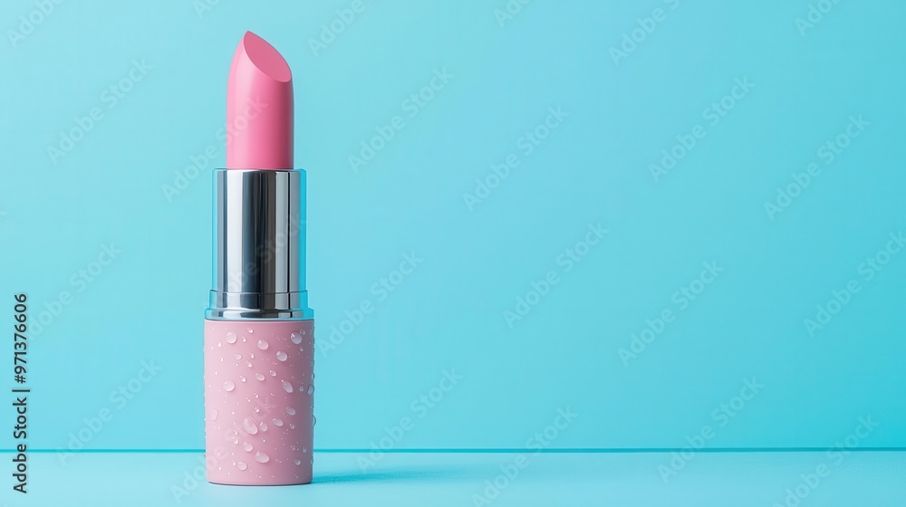 A single lipstick tube surrounded by soft water droplets, glossy finish, minimalist layout, pastel blue background, top view A single lipstick tube surrounded by soft water droplets, glossy finish, minimalist layout, pastel blue background, top view