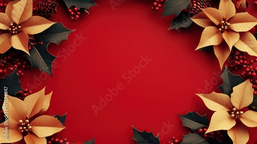 A red background with gold and black flowers and berries