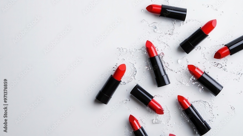Lipsticks arranged in geometric patterns with water splashes on a white surface, minimalist and glossy, top view Lipsticks arranged in geometric patterns with water splashes on a white surface, minimalist and glossy, top view