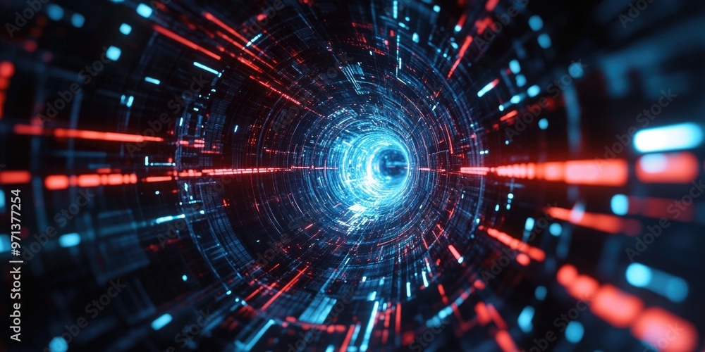 Obraz premium A computer generated image of a tunnel with red and blue lines. The tunnel is very long and has a lot of detail. The colors of the lines create a sense of depth and movement