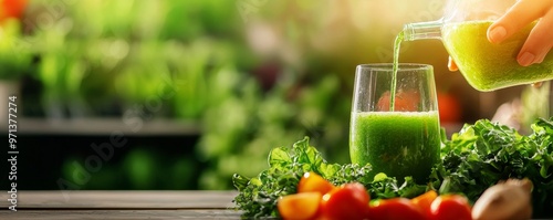 Person preparing a fresh vegetable juice in a modern kitchen, healthyliving, active photo