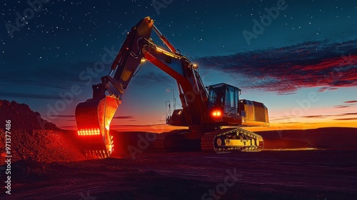A large construction machine is in the foreground of a desert landscape