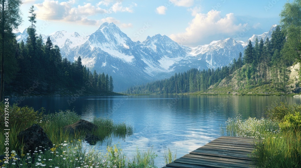 A clear blue lake reflects the mountains and trees. The sky is clear with a few clouds. There is a wooden dock extending into the lake A clear blue lake reflects the mountains and trees. The sky is clear with a few clouds. There is a wooden dock extending into the lake