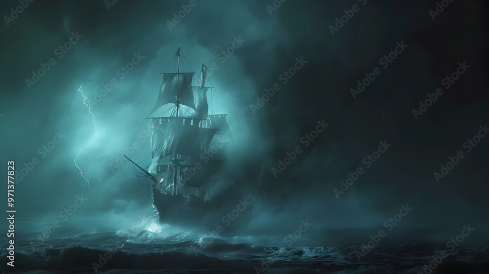 Ghostly Ship Emerging from Stormy Ocean Fog with Billowing Sails and Ethereal Glow Ghostly Ship Emerging from Stormy Ocean Fog with Billowing Sails and Ethereal Glow