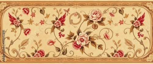 Ornate Floral Design with Roses and Curlicues in Gold Frame