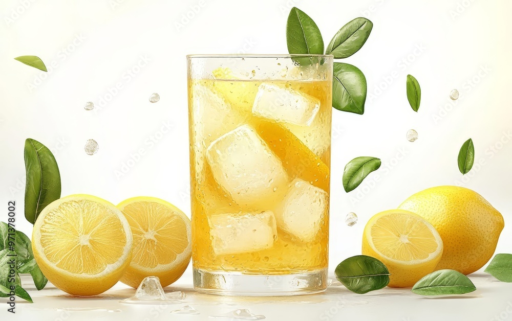 Refreshing lemon drink with ice cubes and fresh leaves, perfect for summer days and hydration. Refreshing lemon drink with ice cubes and fresh leaves, perfect for summer days and hydration.