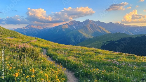 path leading to the top of the mountain. The ground is covered in green grass photo