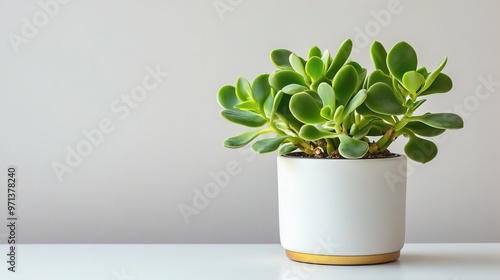 A simple jade plant in a white pot on a clean surface