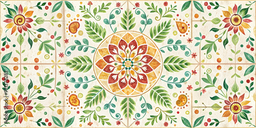 Seamless Zero Waste Watercolor Rangoli Floral Tile Background - Eco-Conscious Design with Recycled Elements and Organic Colors in Flat Vector Style