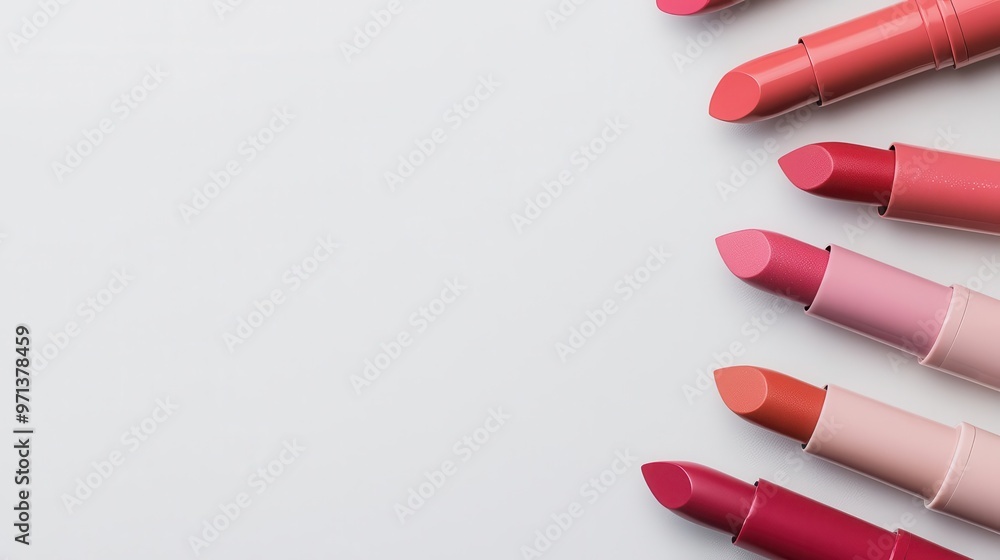 Flatlay of lipsticks with water reflections on a glossy white background, minimalist and hydrating concept, top view