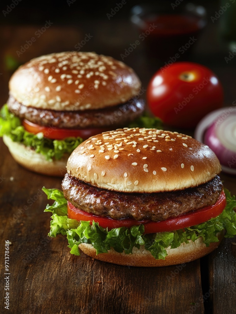 Hamburgers with lettuce, tomatoes and onions Hamburgers with lettuce, tomatoes and onions