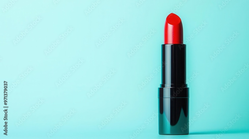 Glossy red lipstick standing upright with dewy surface, pastel blue background, hydrating concept, minimalist design Glossy red lipstick standing upright with dewy surface, pastel blue background, hydrating concept, minimalist design