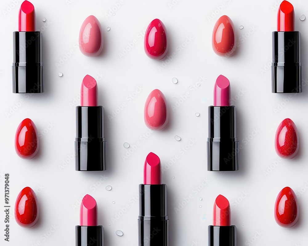 Obraz premium Lipsticks and fresh water droplets arranged symmetrically on a marble surface, clean and glossy, minimalist aesthetic, top view