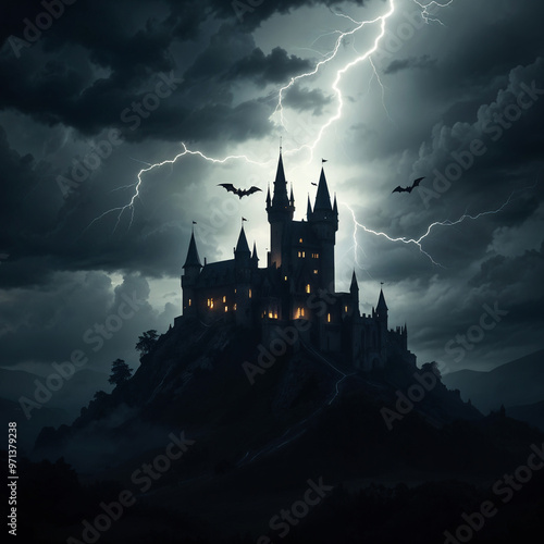 Eerie Dark Gothic Castle on Hilltop Under a Stormy Sky with Bats Flying, Perfect for Halloween Themes and Spooky Literature Covers