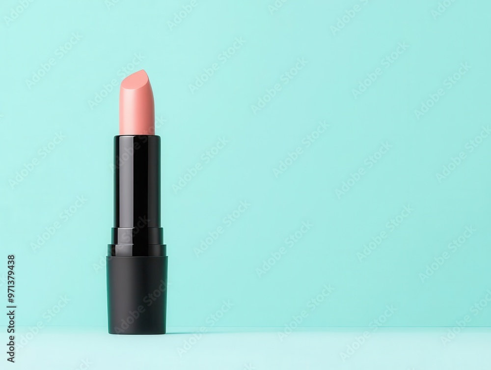 Close-up of open lipstick with glossy surface and dewy effect, hydrating concept, soft lighting, pastel blue background Close-up of open lipstick with glossy surface and dewy effect, hydrating concept, soft lighting, pastel blue background