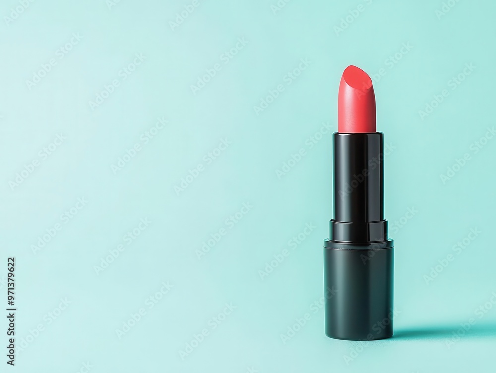 Close-up of open lipstick with glossy surface and dewy effect, hydrating concept, soft lighting, pastel blue background Close-up of open lipstick with glossy surface and dewy effect, hydrating concept, soft lighting, pastel blue background