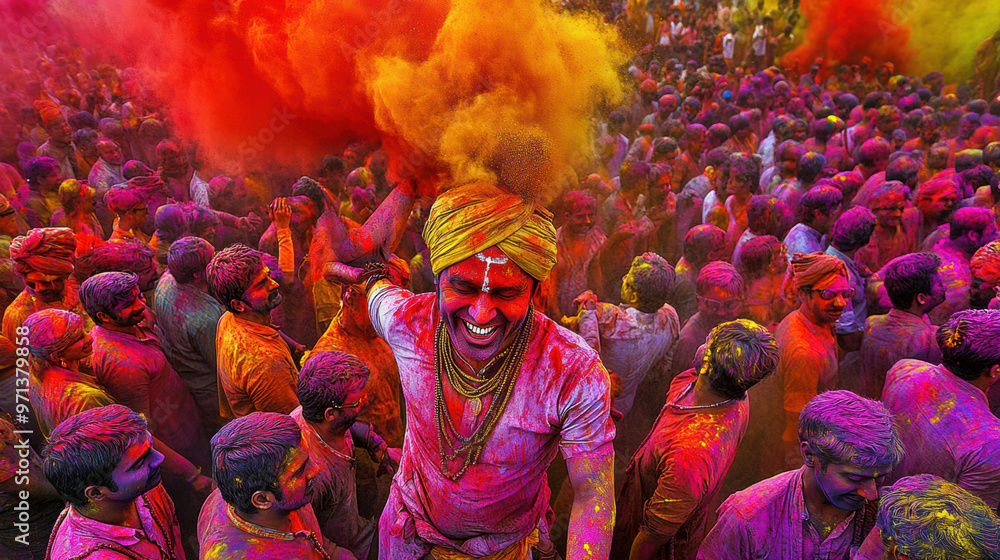 Naklejka premium Vibrant colors fill air as participants celebrate Holi, Hindu festival of colors. Joyful expressions and colorful powders create lively atmosphere of unity and festivity