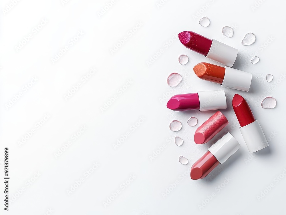 Flatlay of glossy lipsticks with dewy water splashes on a sleek white surface, minimalist design, top view Flatlay of glossy lipsticks with dewy water splashes on a sleek white surface, minimalist design, top view