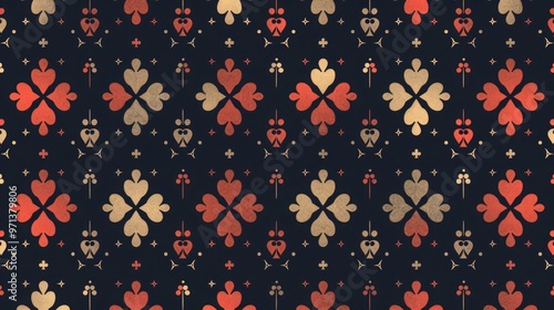 A repeating pattern of playing card suits in red and gold against a dark background. Casino-themed design.