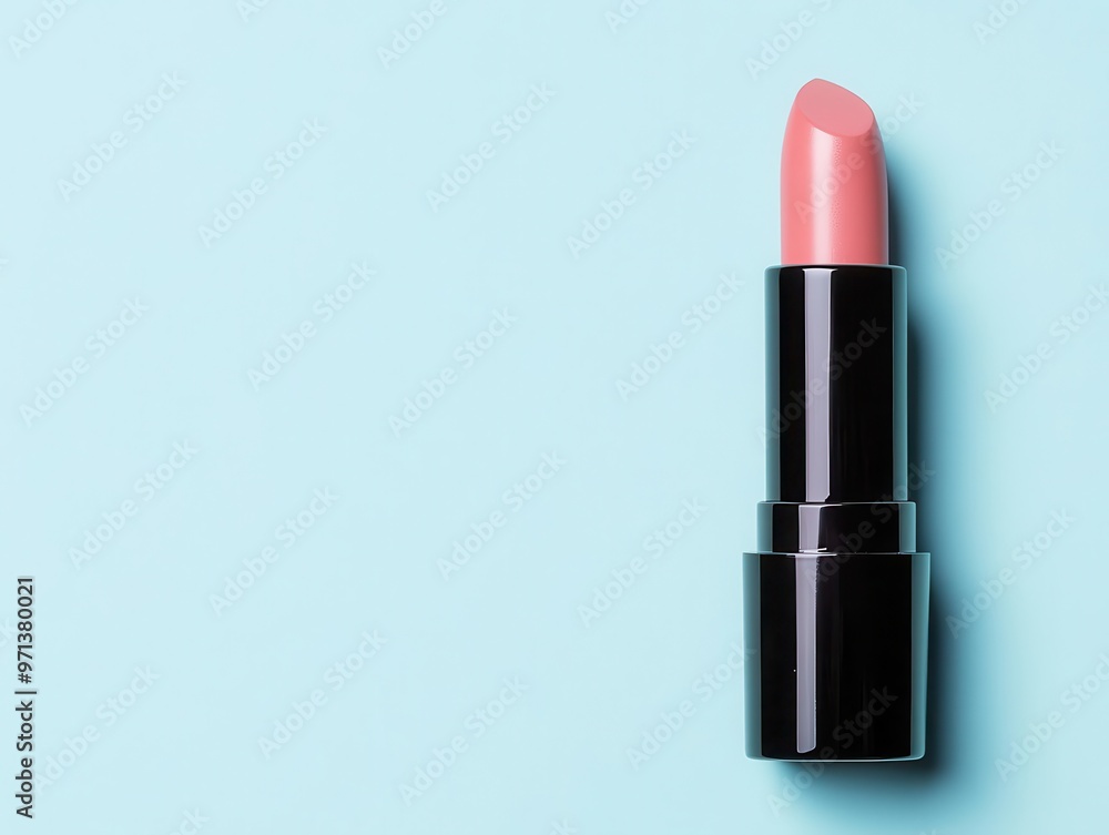 Close-up of open lipstick with glossy surface and dewy effect, hydrating concept, soft lighting, pastel blue background Close-up of open lipstick with glossy surface and dewy effect, hydrating concept, soft lighting, pastel blue background