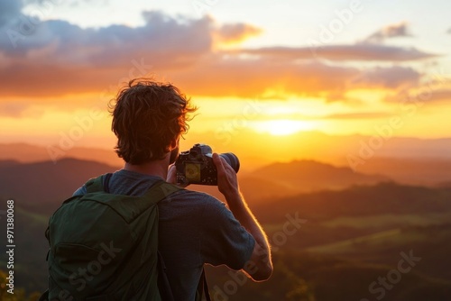 Man with a camera capturing a sunset at a scenic viewpoint, adventurous and inspired, natural beauty