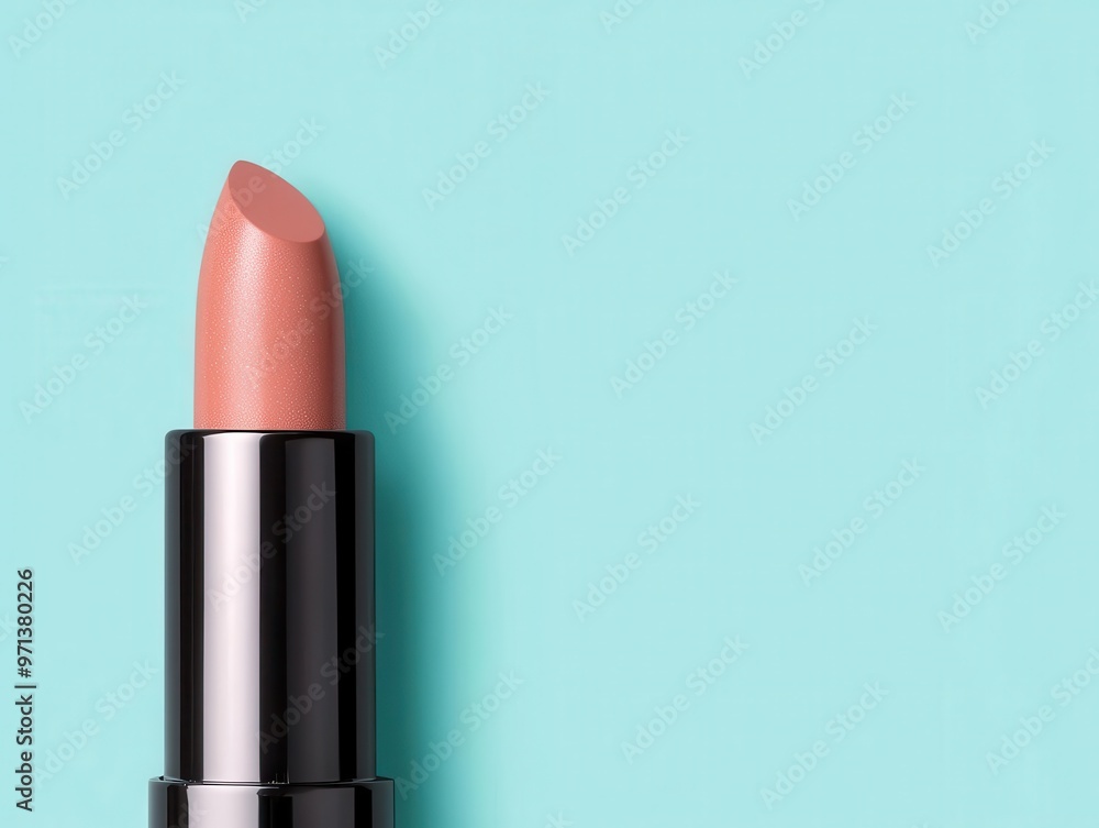 Close-up of open lipstick with glossy surface and dewy effect, hydrating concept, soft lighting, pastel blue background Close-up of open lipstick with glossy surface and dewy effect, hydrating concept, soft lighting, pastel blue background