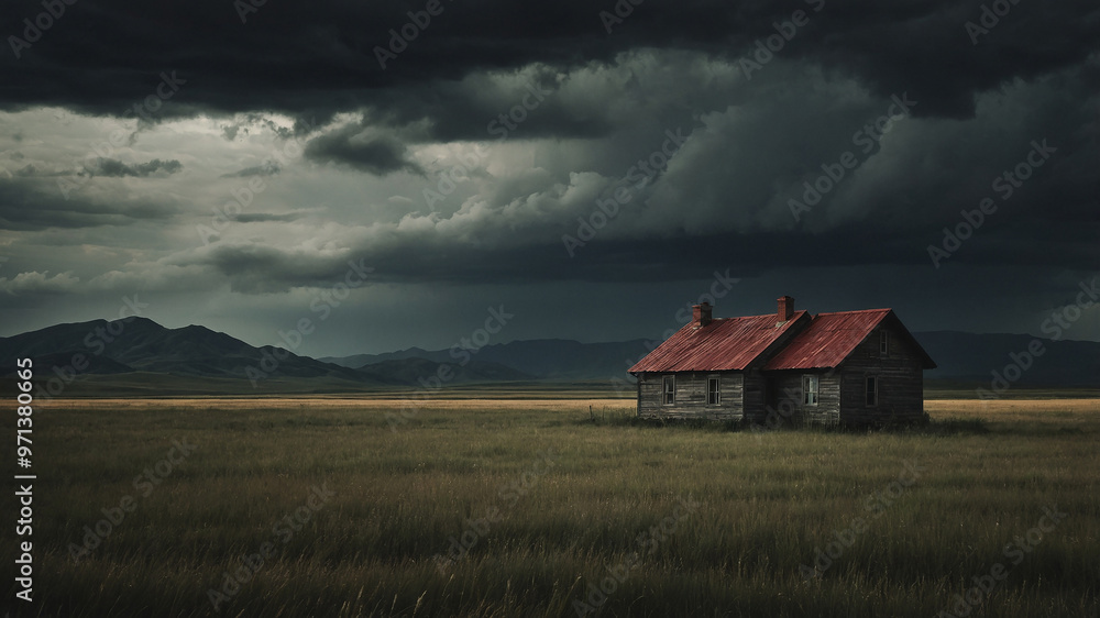Isolated old cabin in vast field under stormy dark sky with mountains in the distance on a cloudy day. Isolated old cabin in vast field under stormy dark sky with mountains in the distance on a cloudy day.