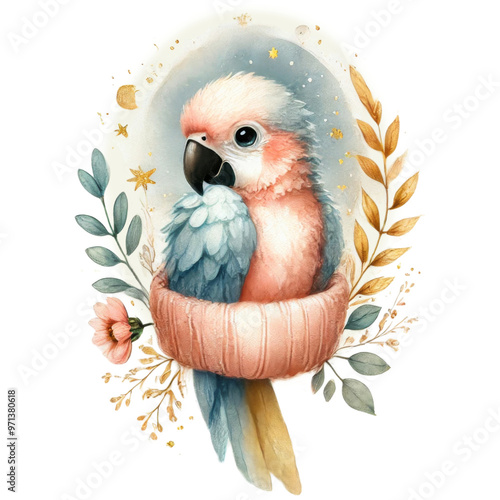 Colorful parrot wrapped in a cozy sweater surrounded by leaves and floral decorations. Watercolor sticker isolated on transparent background. photo