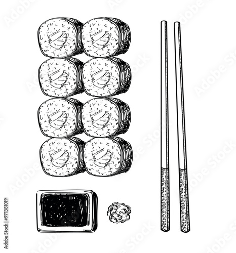 sushi maki top view delicious with wasabi ginger and soy souce  food asian japanees restaurant dish draw linear illustration isolated on white background