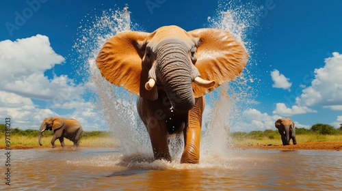 Fototapeta Naklejka Na Ścianę i Meble -  A large elephant is splashing water in a river