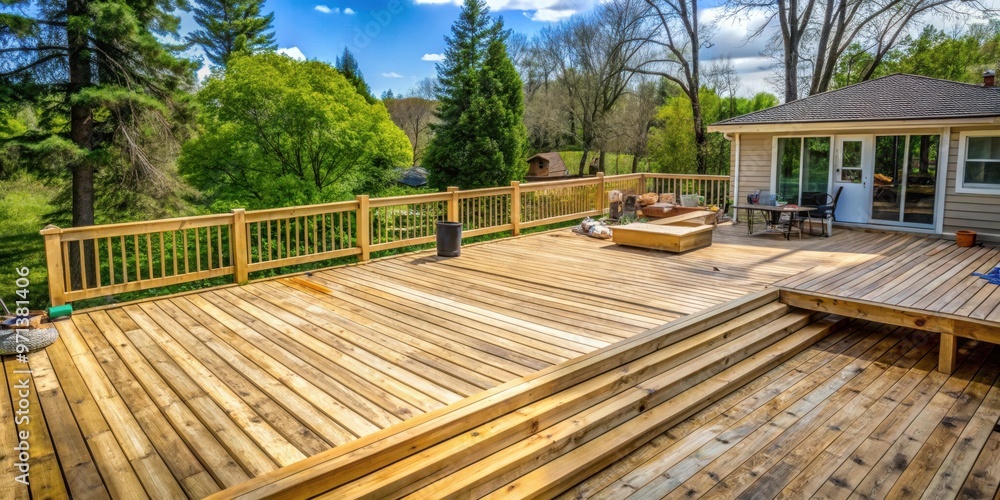 Wooden deck renovation project underway in spring season Wooden deck renovation project underway in spring season