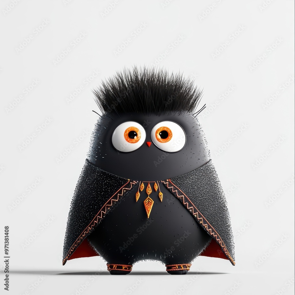 Fototapeta premium Cute cartoon owl character with big eyes and fluffy hair, dressed in a stylish black cape, perfect for playful designs.