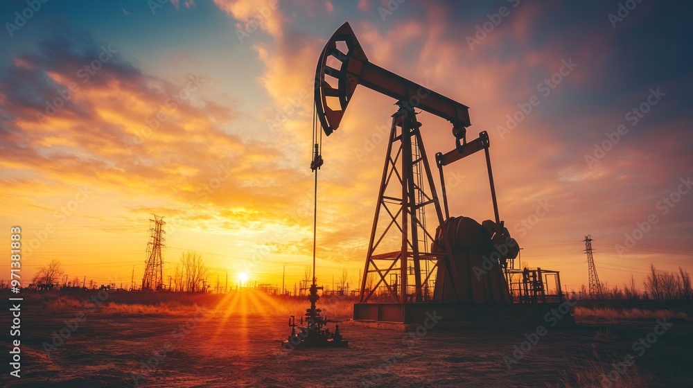 A sunset over a field of oil wells A sunset over a field of oil wells