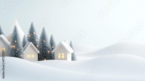 Snow-covered Christmas village, warm lights in windows, 3D illustration, copy space for text,