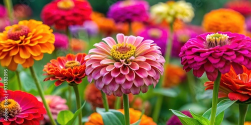 Closeup of vibrant zinnia elegans flowers blooming in a garden