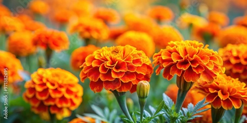 Vibrant orange marigold flowers blooming in a garden, creating a beautiful natural floral background