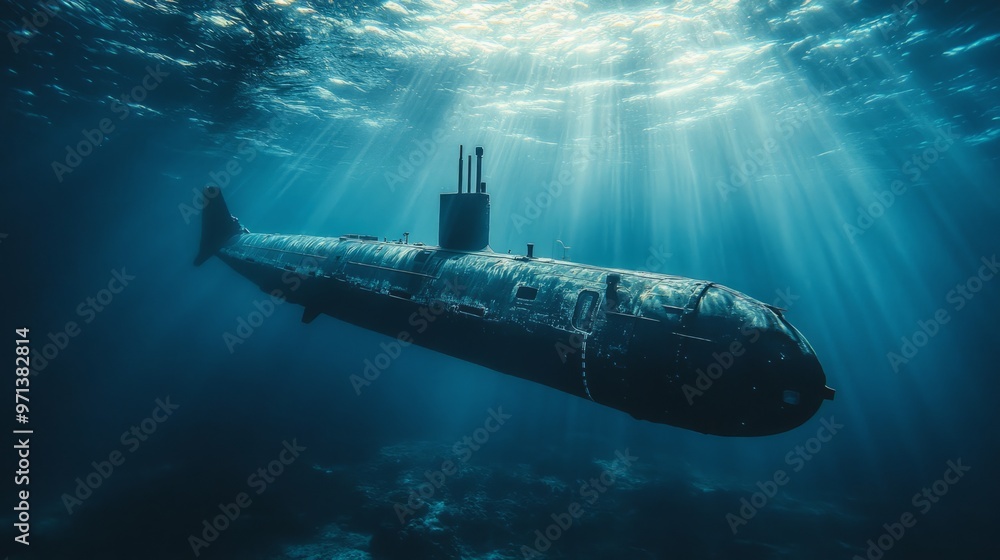 A submarine explores the depths of the blue sea. Navy submarine A submarine explores the depths of the blue sea. Navy submarine