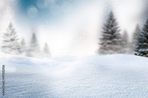 Winterliche Schneelandschaft mit Tannenbäumen und Schneeflocken