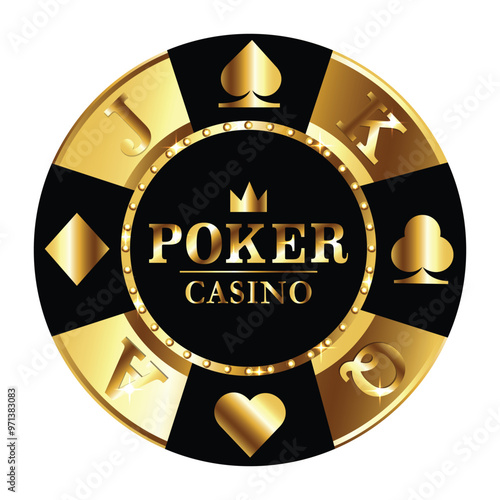 Vector Casino Chip logo, poker chip gold and black vector illustration on white background.