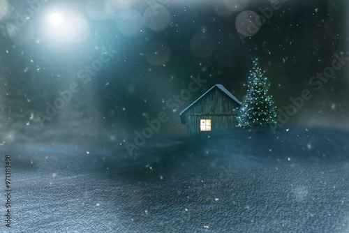 Winterliche Schneelandschaft mit Tannenbäumen und Schneeflocken