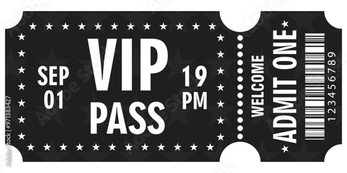 Vip ticket. Template entrance ticket vip-pass isolated on white background. Admit one. Tickets for cinema, movie, carnival, film, festival, etc. Vector illustration.