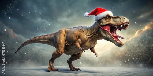 A fierce T-Rex dinosaur in a Christmas hat rampaging through the background photo