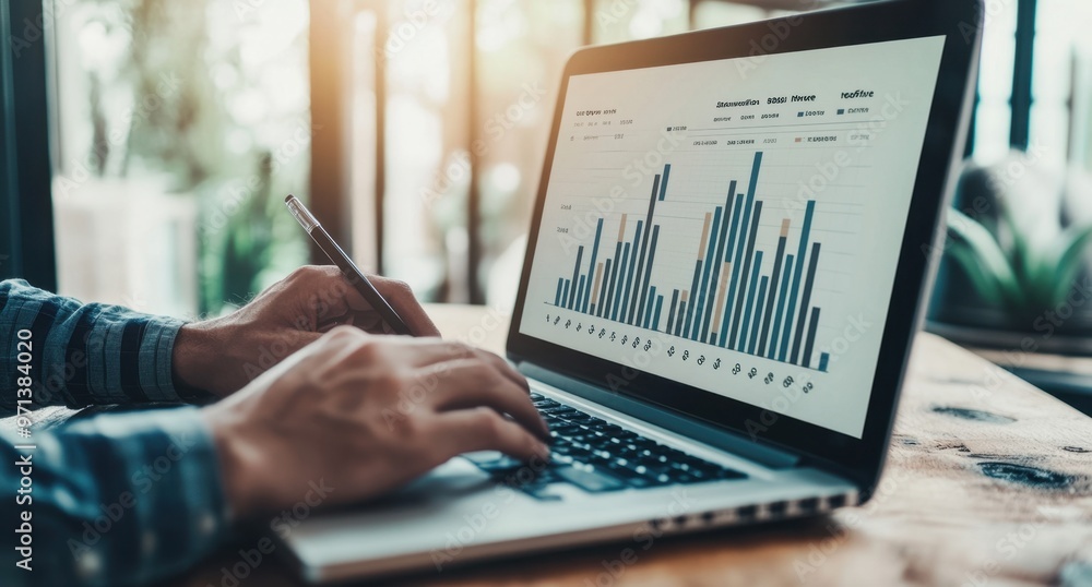 Businessman using a laptop and drawing an upward graph of growth on a virtual screen with the numbers for a business plan or market analysis concept Generative AI Businessman using a laptop and drawing an upward graph of growth on a virtual screen with the numbers for a business plan or market analysis concept Generative AI